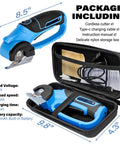 Kickass Cordless Electric Scissors With Glow Led Light Rechargeable Rotary Box Cutter For Thick Cardboard Fabric Fast Snip showing blue cordless cutter and nylon storage box.