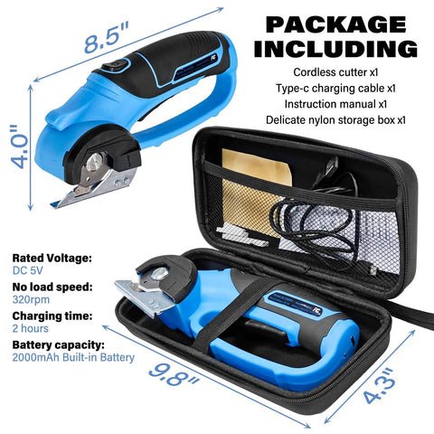 Kickass Cordless Electric Scissors With Glow Led Light Rechargeable Rotary Box Cutter For Thick Cardboard Fabric Fast Snip showing blue cordless cutter and nylon storage box.