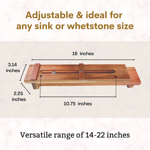 Diagram of Sink Mounted Whetstone Holder For Easy Knife Sharpening No Mess Over The Sink with dimensions and acacia wood design.