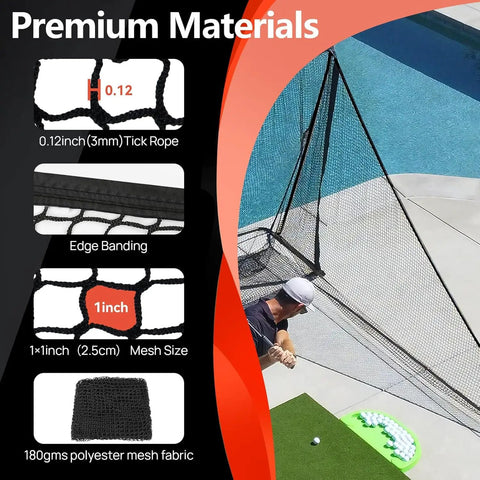 7 By 7 Ft Heavy Duty Golf Practice Net With Side Coverage And Sandbag For Backyard Training, Premium Materials Details