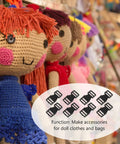 Mini 6mm Plastic Snap Buckles For Doll Bags And Webbing, shown with crochet dolls in background, 20 pieces pack.