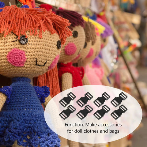 Mini 6mm Plastic Snap Buckles For Doll Bags And Webbing, shown with crochet dolls in background, 20 pieces pack.
