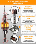 Adjustable Countersink Drill Bit With No-Wrench Depth Stop, tungsten carbide tip and anti-scratch stopper, infographic details.