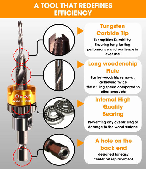 Image of Adjustable Countersink Drill Bit With Zero Hassle Tool Free Depth Adjustment, Smooth 1/8 Inch Pilot And Tough 5/16 Inch Carbide Cutter For Easy Woodworking And Quick Hole Prep highlighting features.