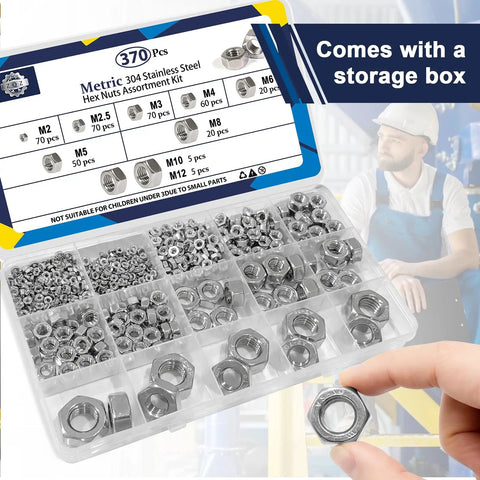370 Piece Metric Hex Nuts Set With Nine Sizes M2 To M12 In 304 Stainless Steel For Durable Fast Fixes On DIY Projects Auto Bike Machinery And General Hardware Repairs displayed in organized storage box