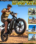 Rider on All Terrain Beast Electric Fat Bike with 1500W Peak Motor, dual suspension, 20x4 fat tires on desert path