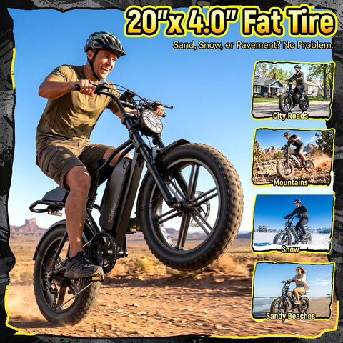 Rider on All Terrain Beast Electric Fat Bike with 1500W Peak Motor, dual suspension, 20x4 fat tires on desert path