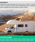 RV parked by coastal cliffs, showing Lippert hydraulic pump compatibility details, RV Hydraulic Pump Motor For Lippert Leveling System.