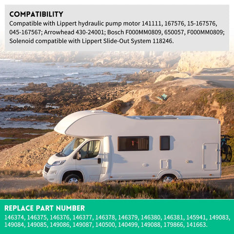 RV parked by coastal cliffs, showing Lippert hydraulic pump compatibility details, RV Hydraulic Pump Motor For Lippert Leveling System.