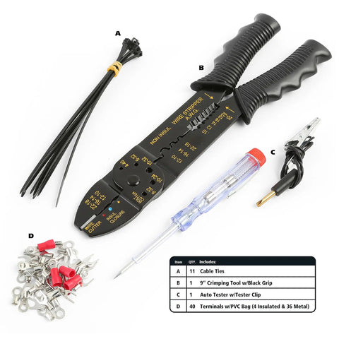 Close-up of crimping tool, cable ties, auto tester, and terminals from 125 Piece Marine Tool Set in a Water Resistant Boat Tool Box