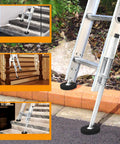 Heavy Duty Ladder Leveler Set Of 4 With Engraved Anti Slip Pattern Silicone Pad Bottom Steel Poles Adjustable Extension Ground Levelers For Universal Stair Ladders Grippy Non Slip Stabilizers With 550 Pound Weight Capacity in use on stairs and uneven ground.