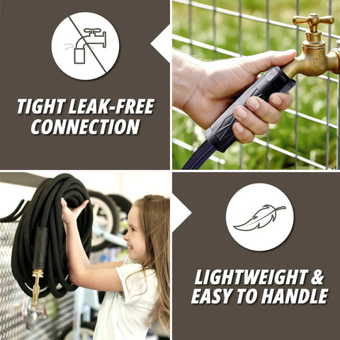 Person holding Built Tough 100 Ft Metal Garden Hose With Nozzle, 304 Stainless Steel Core, showing lightweight design and connection