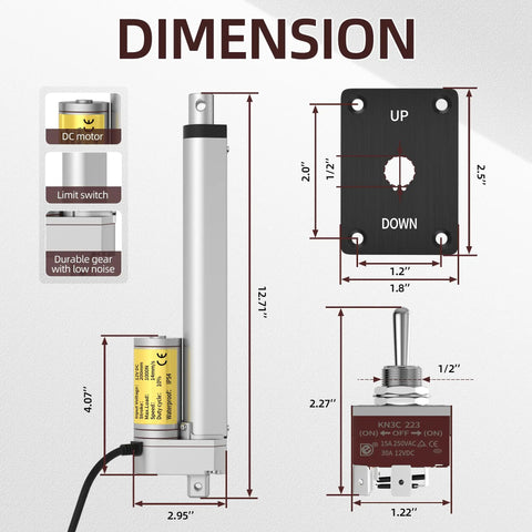 Beefy 12 Volt Linear Actuator With 8 Inch Stroke And 200mm Travel Delivers 1000N Push Pull IP54 Waterproof Reverse Polarity Switch Quiet Smooth Motion dimensions diagram with mount bracket