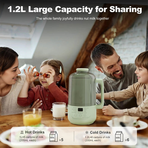Next Level 40oz Nut Milk Maker Blender Two Pack in family setting, 1.2L capacity for sharing, crafting smooth nut milk drinks.