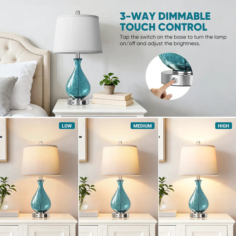 Cool Blue Ice Crackle Glass Table Lamps Set Of 2 22.5 Inch LED Lights With Touch Control And 3 Way Dimming on a white table