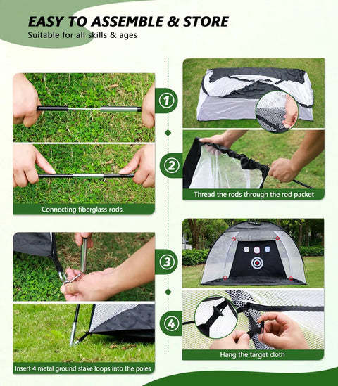 Steps to assemble 10 x 7 Ft Golf Practice Net With Mat Kit showing rod connection, threading, securing with stakes, and hanging target
