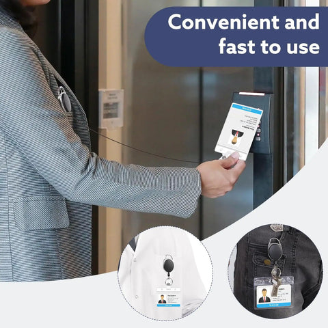 Person using 20 Pack Retractable Badge Reels With Carabiner in office setting for easy ID badge access.