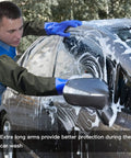 Person washing car wearing Long Waterproof Chemical Gloves 28 Inch, Reusable Padded Cotton Lined, Acid And Oil Resistant
