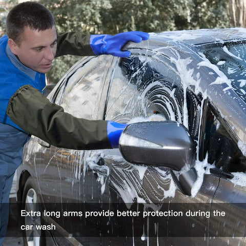 Person washing car wearing Long Waterproof Chemical Gloves 28 Inch, Reusable Padded Cotton Lined, Acid And Oil Resistant