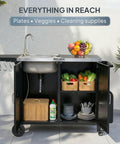 Outdoor Grill Cart With Movable Prep Table And 304 Stainless Steel Sink featuring open cabinet with storage, spice rack, hooks.