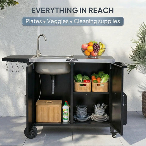 Outdoor Grill Cart With Movable Prep Table And 304 Stainless Steel Sink featuring open cabinet with storage, spice rack, hooks.