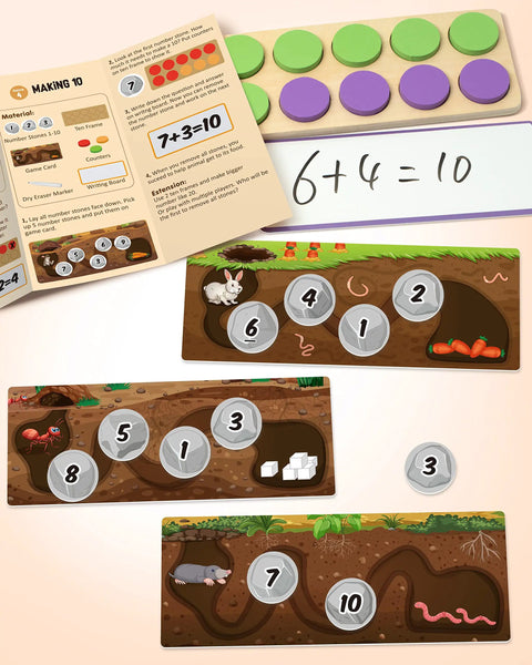 Wooden Ten Frame Math Set With 152 Pieces For Kindergarten And Elementary Students Kid Friendly Ideal For Addition Subtraction Practice Montessori Style Counters Dice Number Stones Dry Erase Boards And Game Cards For Homeschooling shown with colorful counters, dice, and number stones on educational game cards