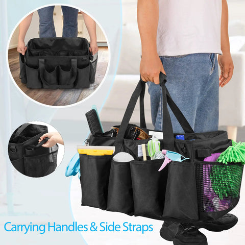 Person holding Big Ol Extra Large Cleaning Caddy Organizer With Sturdy Handles Five-Compartment Tote in black, filled with supplies.