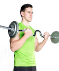 Man lifting 1 Inch Threaded Curl Bar With Collars For Standard Plates, Solid Steel Chrome Finish, Dual Grip Positions