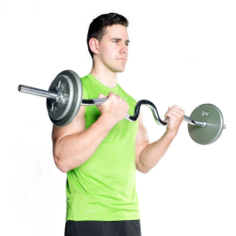 Man lifting 1 Inch Threaded Curl Bar With Collars For Standard Plates, Solid Steel Chrome Finish, Dual Grip Positions
