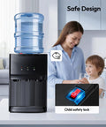 Countertop Water Dispenser With Three Temperature Settings For Hot Room Temperature And Cold Water Fits 3 Or 5 Gallon Bottles Top Load Water Cooler With Child Safety Lock For Home Office Kitchen shown on kitchen counter