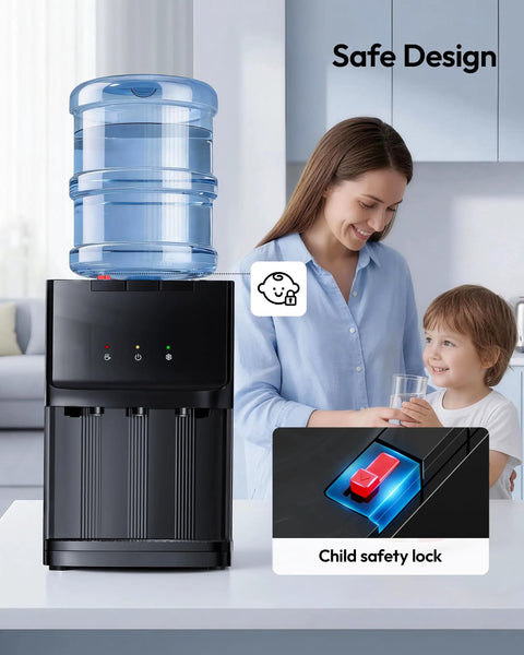 Countertop Water Dispenser With Three Temperature Settings For Hot Room Temperature And Cold Water Fits 3 Or 5 Gallon Bottles Top Load Water Cooler With Child Safety Lock For Home Office Kitchen shown on kitchen counter