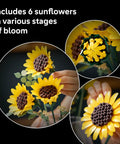 Botanical Sunflower Bouquet Building Kit For Adults 18 Plus DIY Floral Decor Craft For Home Office Bedroom Six Sunflowers In Various Stages Cool Gift For Birthdays Housewarming And Trendy Displays, close-up of six brick-built sunflowers