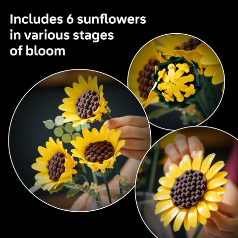 Botanical Sunflower Bouquet Building Kit For Adults 18 Plus DIY Floral Decor Craft For Home Office Bedroom Six Sunflowers In Various Stages Cool Gift For Birthdays Housewarming And Trendy Displays, close-up of six brick-built sunflowers