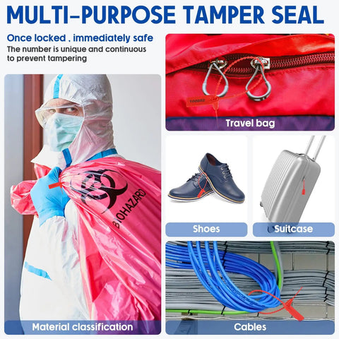Multi-purpose tamper seal securing various items like suitcase, cables, shoes, travel bag with biohazard protection gear.