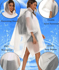 2 Pack Reusable Adult Rain Ponchos Emergency Waterproof Rain Coat With Drawstring Hood displayed on model, close-ups of features