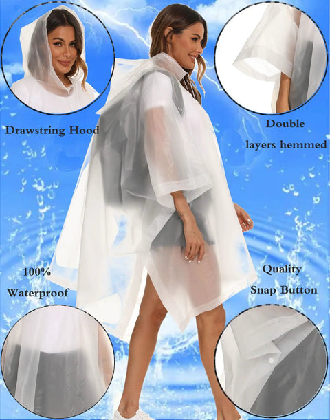 2 Pack Reusable Adult Rain Ponchos Emergency Waterproof Rain Coat With Drawstring Hood displayed on model, close-ups of features
