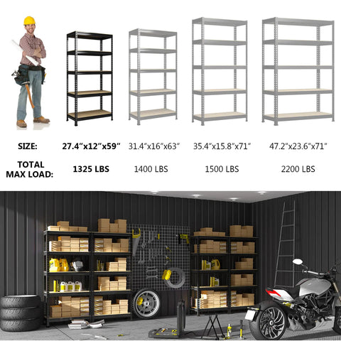 Beefy 5 Tier Adjustable Garage Storage Shelves Rack Heavy Duty Metal Utility Shelf Unit For Warehouse Pantry Closet Kitchen And Basement Black 28 W X 12 D X 59 H