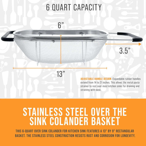 6-Quart Over The Sink Stainless Steel Colander With Expandable Rubber Handles, Collapsible Rectangular Strainer dimensions