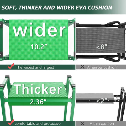 Comparison showing wide 10.2 inch pad and 2.36 inch thick cushion on Wide Garden Kneeler and Seat With 2.36 Inch Thick EVA Cushion Heavy Duty Kneeling Bench for Gardening and Sitting Extra Wide 10.2 Inch Pad for Seniors Grandparents Women Gardeners.