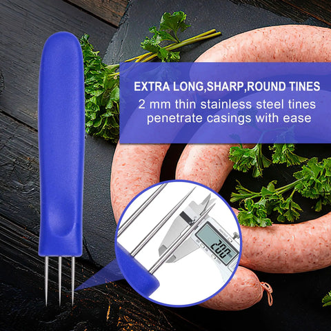 Two Pack 6.5 Inch 3 Prong Sausage Pricker Tools With Stainless Steel Needles, Non Slip Handles, And Storage Case For Home Sausage Making And Curing, Great For Air Release To Prevent Gas Buildup And Uneven Curing, shown with sausage casing.