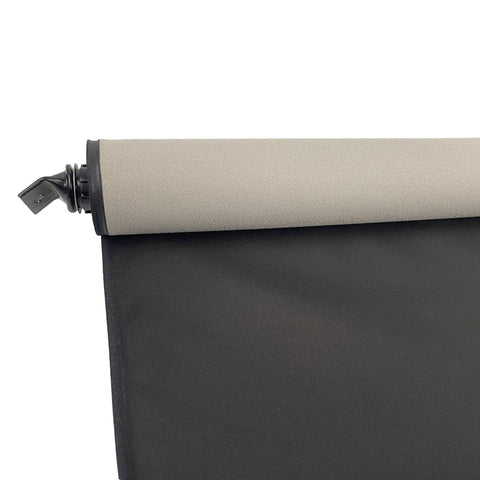 Sunshade roller for car sunroof; beige top, black fabric, side view with attachment clip.