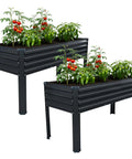 Two black galvanized raised garden beds with legs, each 48x18x30 inches, for outdoor use. Plants visible in beds.