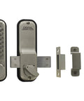 Surface Mount Lock With Keypad And Keyless Push Button Satin Nickel Finish Retractable Slide Bar components displayed