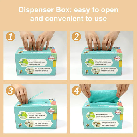 Hands opening a box of Ultra Soft Microfiber Cleaning Cloths 8 By 8 Inches 40 Pack Lint Free Rags In A Sturdy Box For Home Kitchen