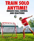 Boy practicing with Rebounder Net For Soccer And Football Portable Adjustable Angle Practice Net with Easy Setup Twist Lock Angles Lightweight Frame Great For Solo Training And Kickback Rebounds For Goalies And Drills on a grassy lawn
