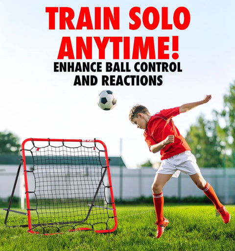 Boy practicing with Rebounder Net For Soccer And Football Portable Adjustable Angle Practice Net with Easy Setup Twist Lock Angles Lightweight Frame Great For Solo Training And Kickback Rebounds For Goalies And Drills on a grassy lawn