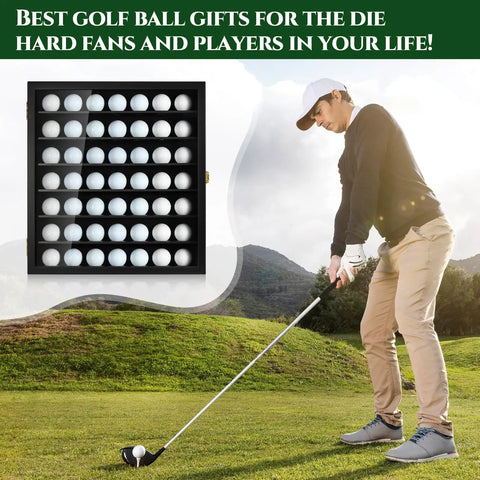 Golf Ball Display Case For 49 Balls Wall Mount Shadow Box With Locks Transparent Acrylic Front Secure Display Case For Collector Memorabilia And Autograph Balls Perfect Gift For Diehard Golf Fans And Serious Golfers with golfer on course background.