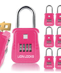 Pink lock boxes with resettable code, showing one open with keys inside, part of 12 pack kit ideal for real estate use.