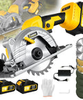 Top Shelf 5 Inch 21V Cordless Circular Saw With Sweet Precision And 45 Degree Angles For Snappy Miter Cuts Rapid Framing And Sharp Edge Trims In Loud Yellow Finish with battery, gloves, and blades.