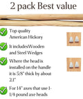 Two Pack Hickory Axe Handle Replacement For 14 Inch Axes With One And A Quarter Pound Heads Includes Wooden And Steel Wedges